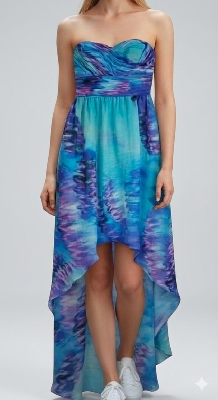 JS Boutique $199 Blue Watercolor High Low Strapless Dress